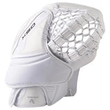 A white Bauer hockey goalie glove with black 'BAUER' branding on the palm, featuring a white mesh pocket and white laces, shown against a plain white background.