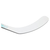 A close-up of a white curved hockey stick blade with a small blue and white speckled pattern near the base, shown against a solid white background.