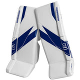 Pair of white and blue Warrior hockey goalie leg pads on a white background