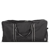 Black duffel bag with white accents on a white background