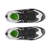 Black, white, and green sneaker on a white background