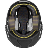 Close-up of the interior of a black protective helmet with yellow trim and a patterned blue, gold, and black liner.
