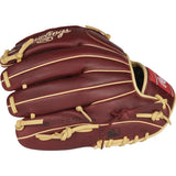 A Rawlings baseball glove in maroon leather with tan laces and trim, shown on a plain white background.