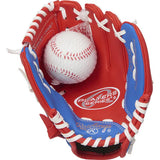 Red and blue baseball glove with a white baseball inside on a white background