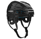 A glossy black Bauer ice hockey helmet with white logo branding on the sides and subtle blue accents, shown against a plain white background.