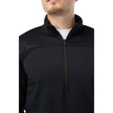 A close-up of a man wearing a black textured quarter-zip pullover with a stand collar and a small embroidered logo on the left chest, shown against a plain white background.