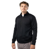 A man wearing a black long-sleeve quarter-zip athletic pullover with a mock neck collar, paired with gray athletic pants, photographed against a solid white background.