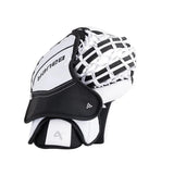 back of a white and black gaolie catcher with Bauer wording on it on a white background