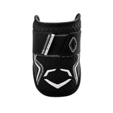 Black protective gear with white branding on a white background