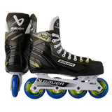 Pair of Bauer hockey skates with blue and yellow wheels on a white background
