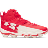 Red and white sneaker with a prominent brand logo on a white background