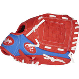 Red and blue baseball glove with white stitching on a white background