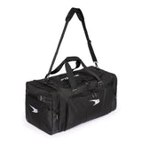 Black duffel bag with shoulder straps on a white background