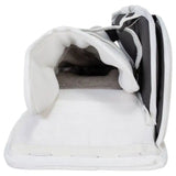 White hockey goalie blocker with a dark gray inner lining and black side padding, shown from a close-up angle on a white background.