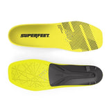 Yellow shoe insole with 'Superfeet' branding on a white background