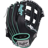 Black and green Rawlings baseball glove on a white background