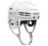 A white Bauer hockey helmet with gray chin straps and a black visor, shown from a three-quarters angle on a solid white background.