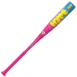 A pink and blue Easton baseball bat with yellow 'GYME' lettering, shown diagonally on a plain white background.