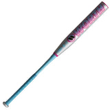A slo-pitch bat with a light blue handle, a silver barrel, and pink and black lettering that reads 'WORTH'.