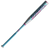 A slo-pitch bat with a light blue handle, a silver barrel, and pink and black lettering that reads 'WORTH'.