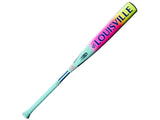 Pink, yellow, teal baseball bat with the name Louisville on it on a white background