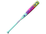 Pink, yellow, teal baseball bat with the name Supra on it on a white background