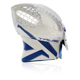 A white hockey goalie glove with blue accents and the brand name 'TRUE' printed on the side, shown on a clean white background with a subtle reflection.