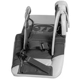 Gray and white ski boot binding on a white background