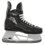 Black hockey skate with white laces on a white background