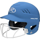 A blue Rawlings baseball batting helmet with a white wire faceguard, shown on a solid white background.