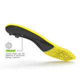 Yellow and black shoe insole with carbon fiber cap on a white background