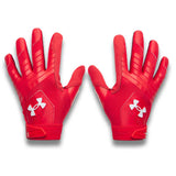 Red gloves with Under Armour logo on a white background