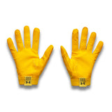 Pair of yellow gloves with brand logo on a white background