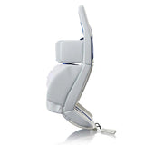 A pair of white hockey shin guards with 'TRUE 7X' branding, displayed side-by-side against a plain white background.