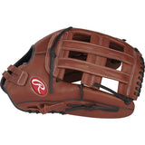 A brown leather baseball glove with black laces and a red Rawlings logo patch on the back, shown against a plain white background.