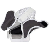 White and black goalie catch glove with white mesh pocket, shown on a plain white background.