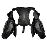Black Bauer hockey chest protector with integrated shoulder pads and shoulder straps, shown from the back on a white background.