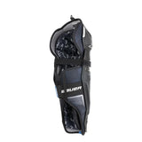 Black and blue Bauer hockey shin pad  on a white background