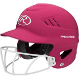 Pink baseball helmet with face guard and Rawlings logo on a white background