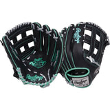 Two black Rawlings baseball gloves shown side-by-side against a white background, featuring mint green and gray stitching and logos.