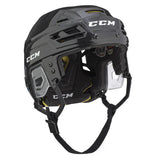 Black CCM hockey helmet on a white background