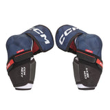 Pair of blue and black shoulder pads on a white background