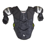 Back view of black, silver hockey shoulder pads on a white background
