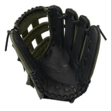 Black and green baseball glove on a white background