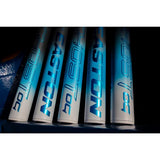 Five Easton golf clubs arranged upright in a fan-like display against a dark background, with the Easton logo printed in metallic blue on white shafts.