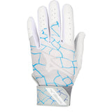 White golf glove with blue patterns on a white background