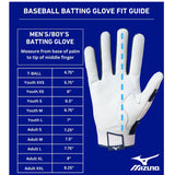 Baseball batting glove fit guide with measurements on a blue background, featuring Mizuno logo.