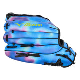 Blue tie-dye baseball glove with Mizuno logo on a white background