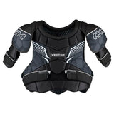 CCM Vector hockey chest protector in black and dark gray with white accents, featuring padded shoulder guards and a central chest plate.