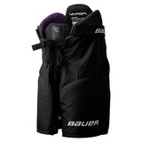 Bauer hockey leg guards in black with purple interior lining and white branding, shown against a plain white background.